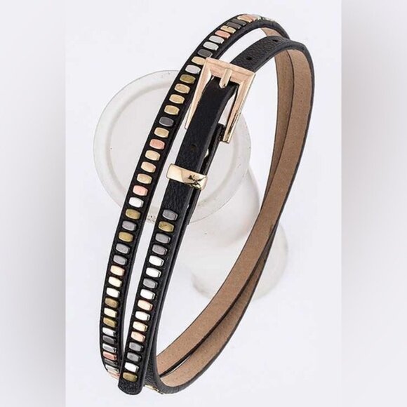 Vegan Leather Studs Skinny Fashion Statement Belt - Picture 1 of 1